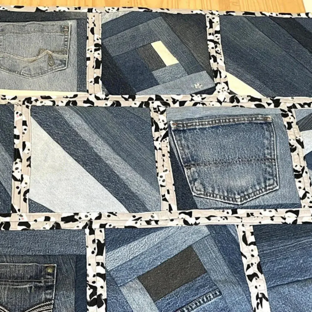Handmade Denim‎ Quilt Panda Print Flannel on Reverse Heavy Blanket 46 x 42